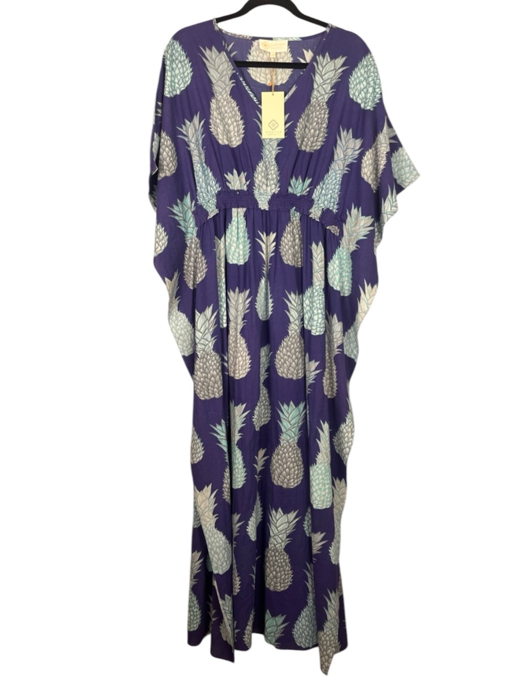 Sheridan French Caftan Dress Mumu Swim Cover S/M Blue Pineapple Long Kimono NWT